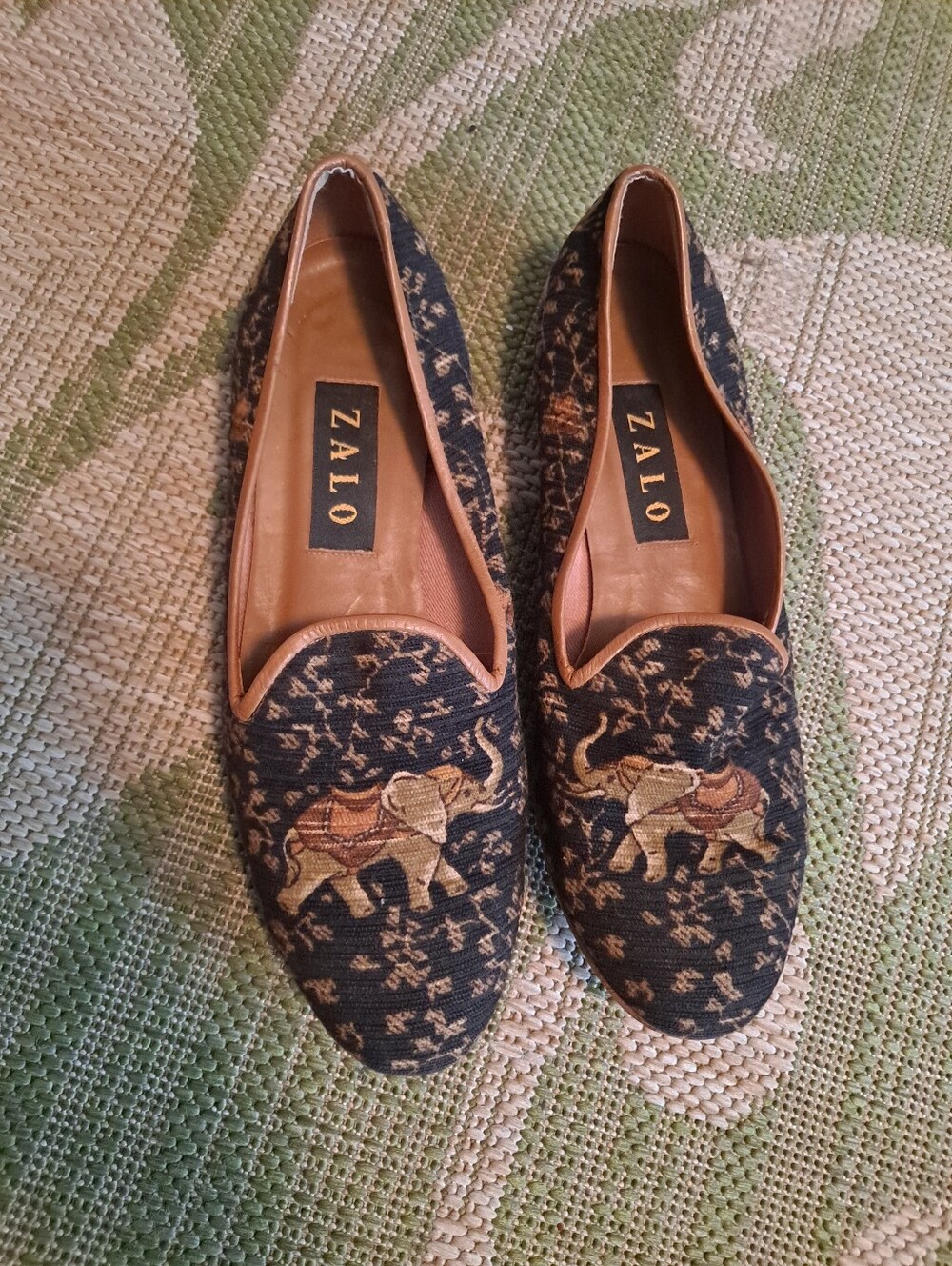 Zalo Navy Slip-On Loafers with Floral And Tan Elephant Embroidery